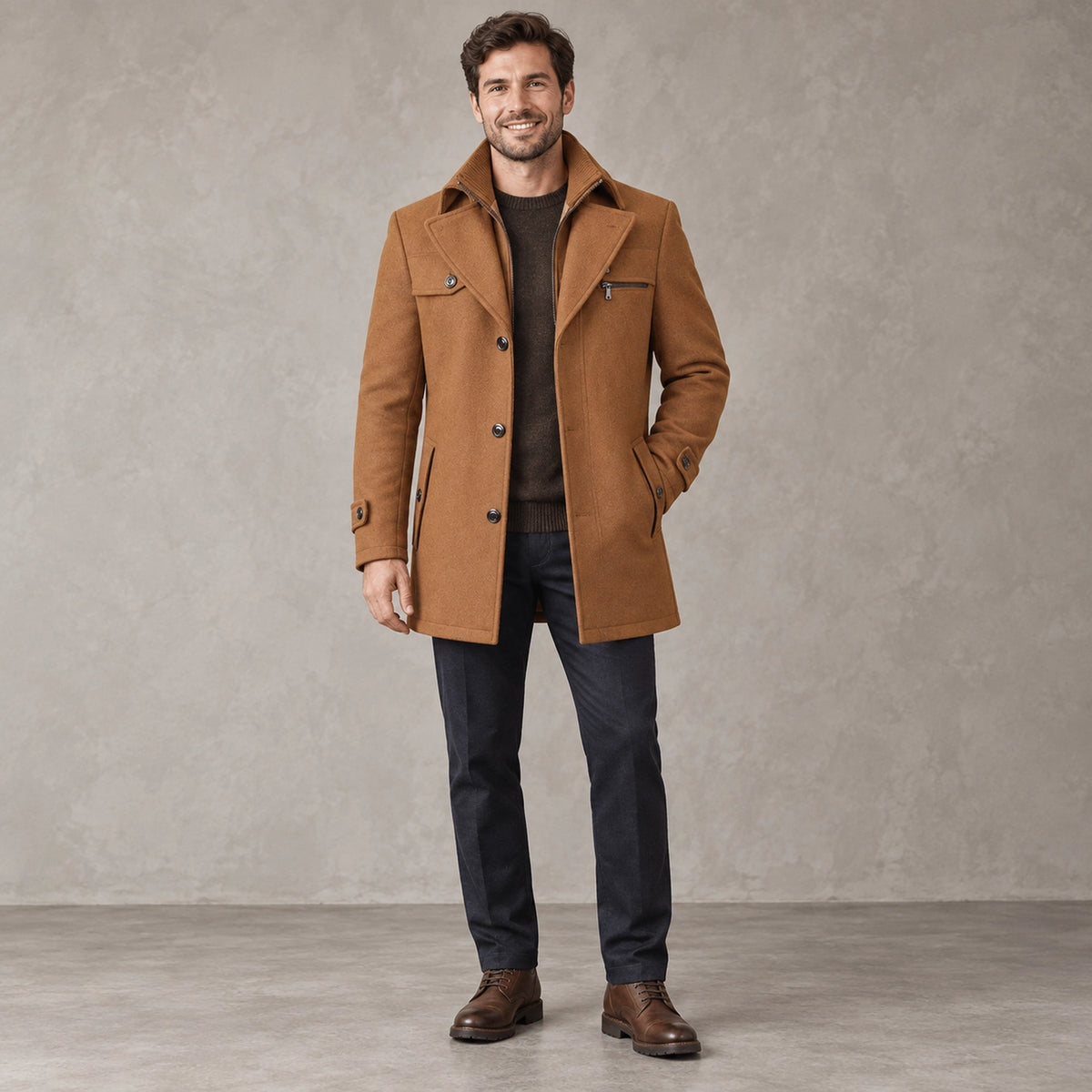 Men's Long Insulated Winter Coat — Victor Camel front — view 2
