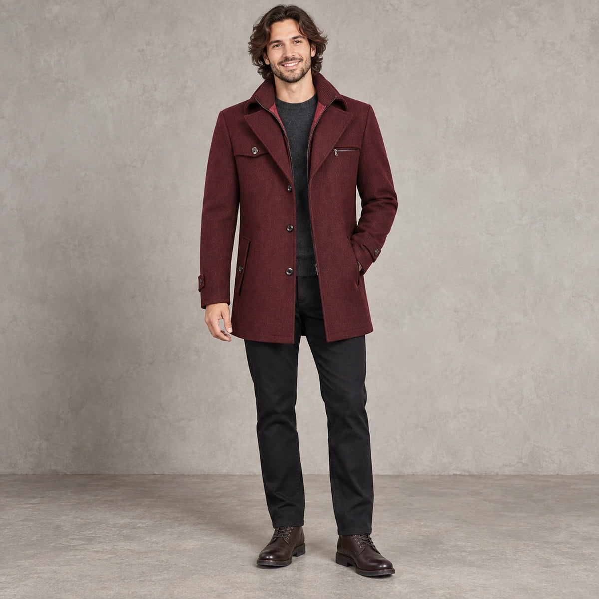 Men's Long Insulated Winter Coat — Victor Burgundy front — view 4