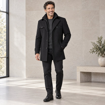 Men's Long Insulated Winter Coat — Victor Black three quarter view — view 5