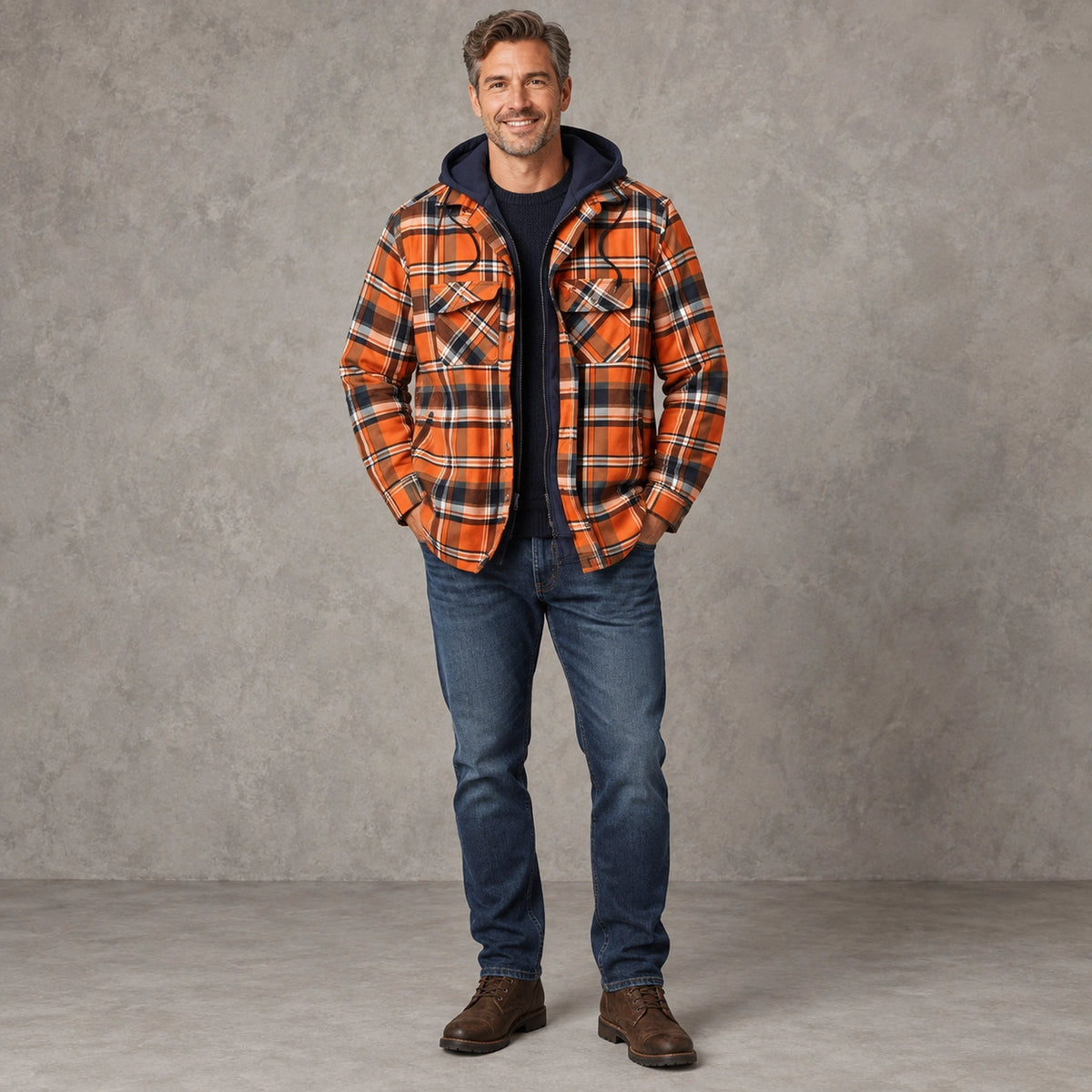Men's Plaid Button Front Winter Coat — RusticJack Orange — view 3