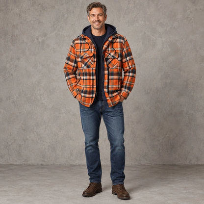 Men's Plaid Button Front Winter Coat — RusticJack Orange — view 3
