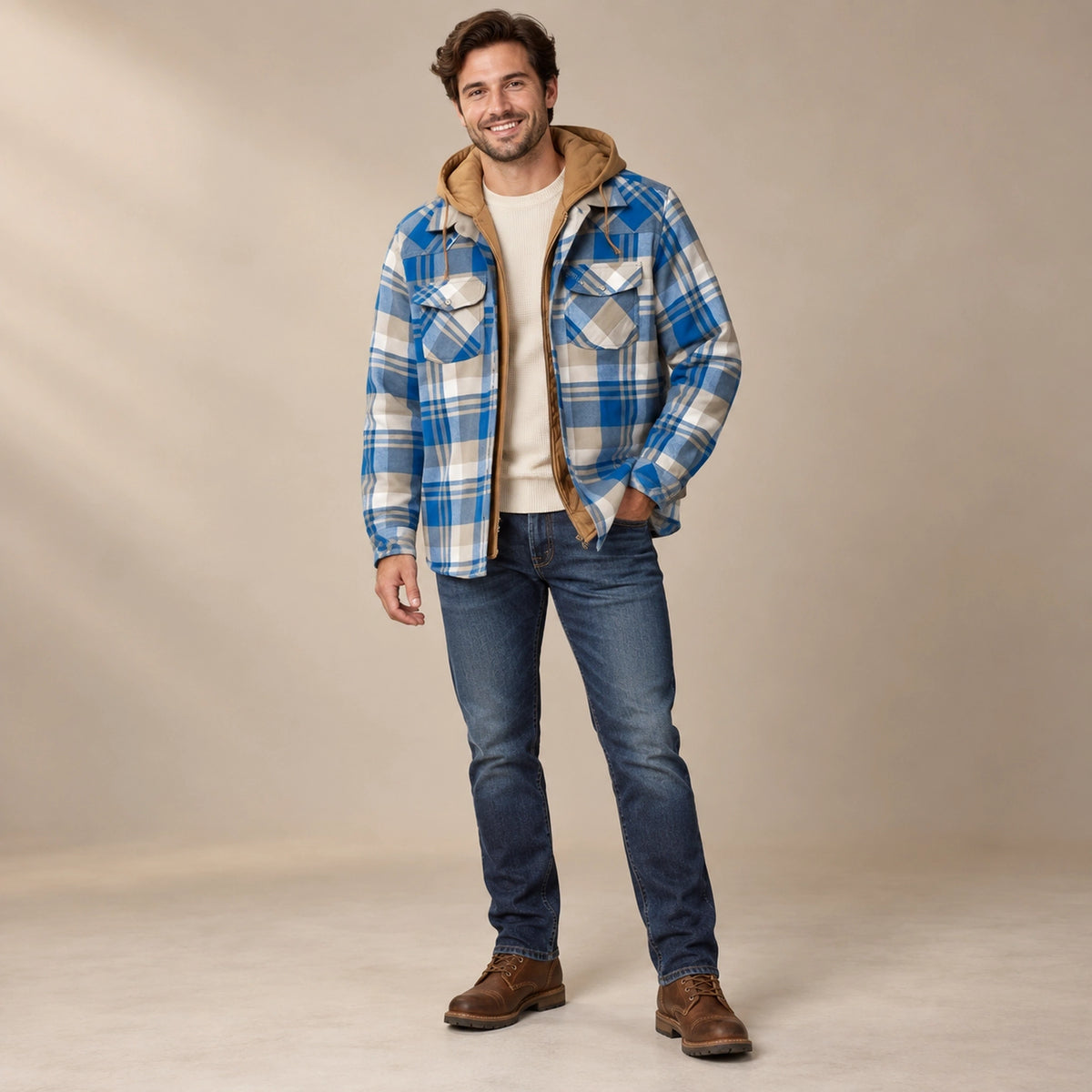 Men's Plaid Button Front Winter Coat — RusticJack Blue alternate angle — view 5