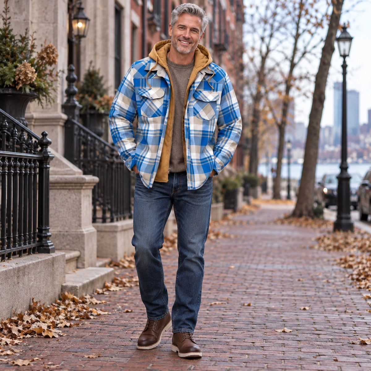 Men's Plaid Button Front Winter Coat — RusticJack Blue 1 — view 6