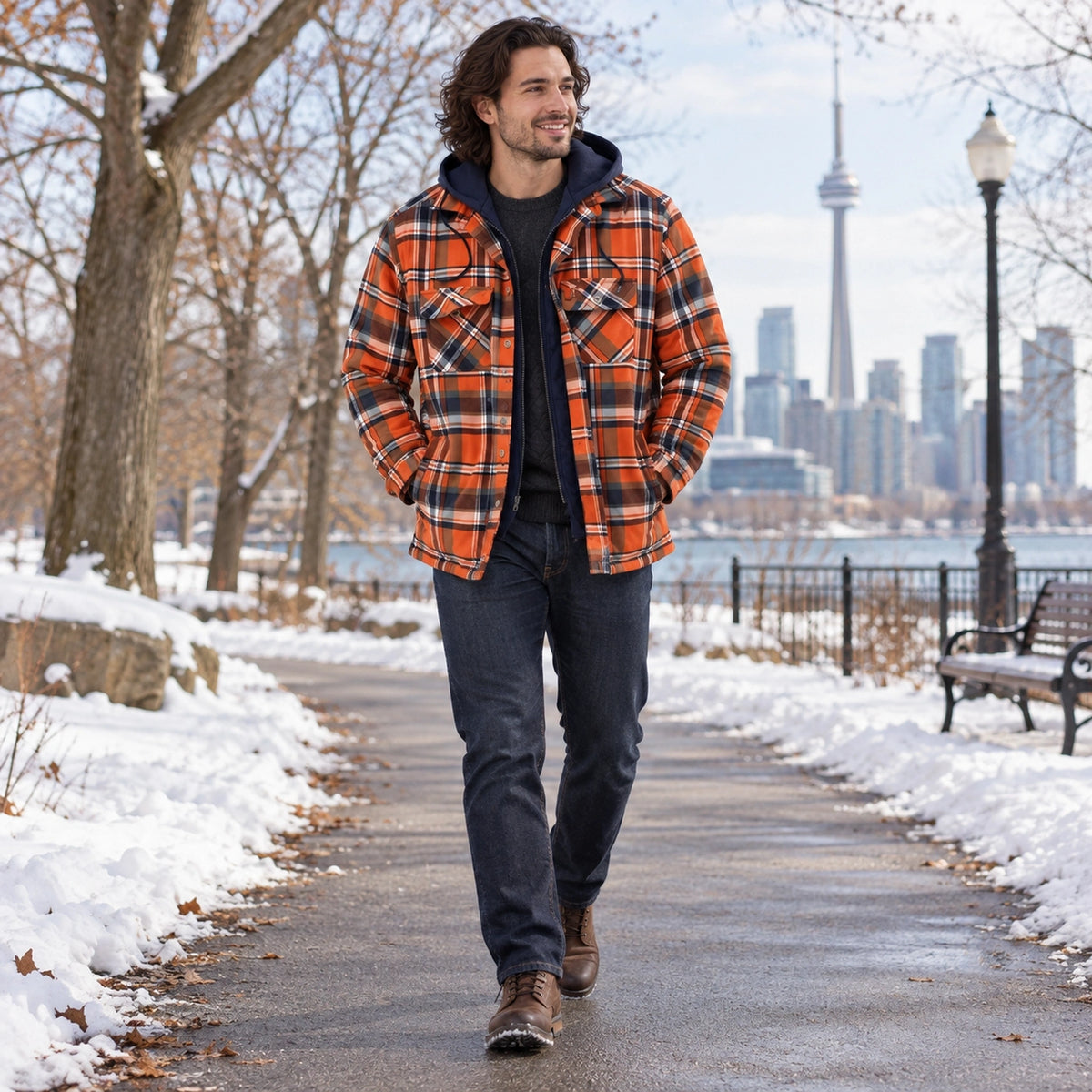 Men's Plaid Button Front Winter Coat — RusticJack Orange 2 — view 7