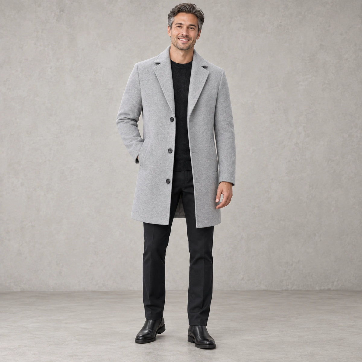 Men's Synthetic Blend Long Winter Coat — Noah Light Gray front — view 3
