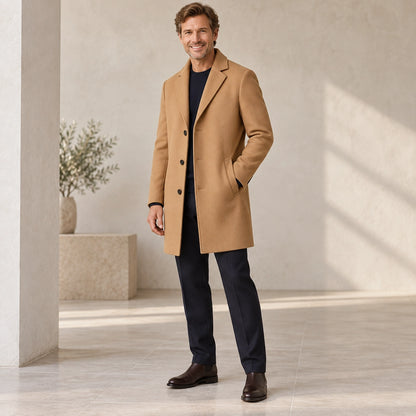 Men's Synthetic Blend Long Winter Coat — Noah Camel three quarter view — view 4