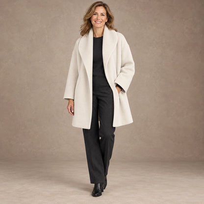 winter coat — Image; full front view; Cream; complete product worn by a happy adult model