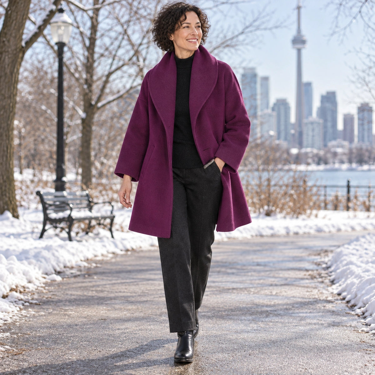 winter coat — Usa and Canada October–December 2; Purple; complete product worn by a happy adult model — view 11