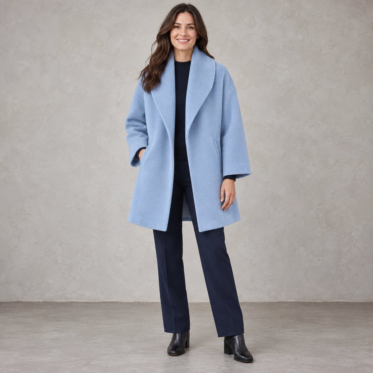 winter coat — Full front view; Light Blue; complete product worn by a happy adult model — view 2