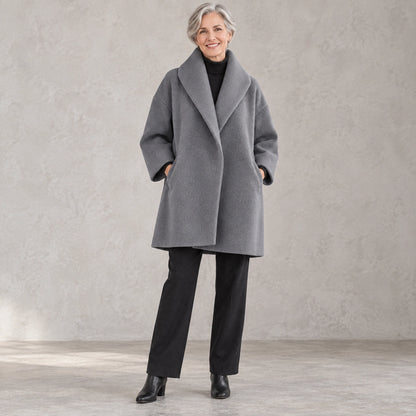 winter coat — Full front view; Gray; complete product worn by a happy adult model — view 3