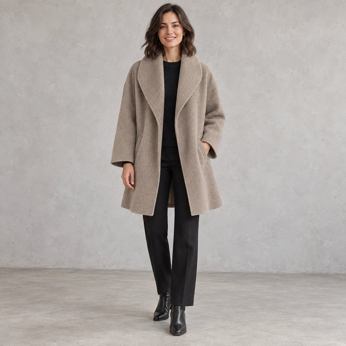 winter coat — Full front view; Taupe; complete product worn by a happy adult model — view 4