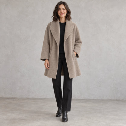 winter coat — Full front view; Taupe; complete product worn by a happy adult model — view 4