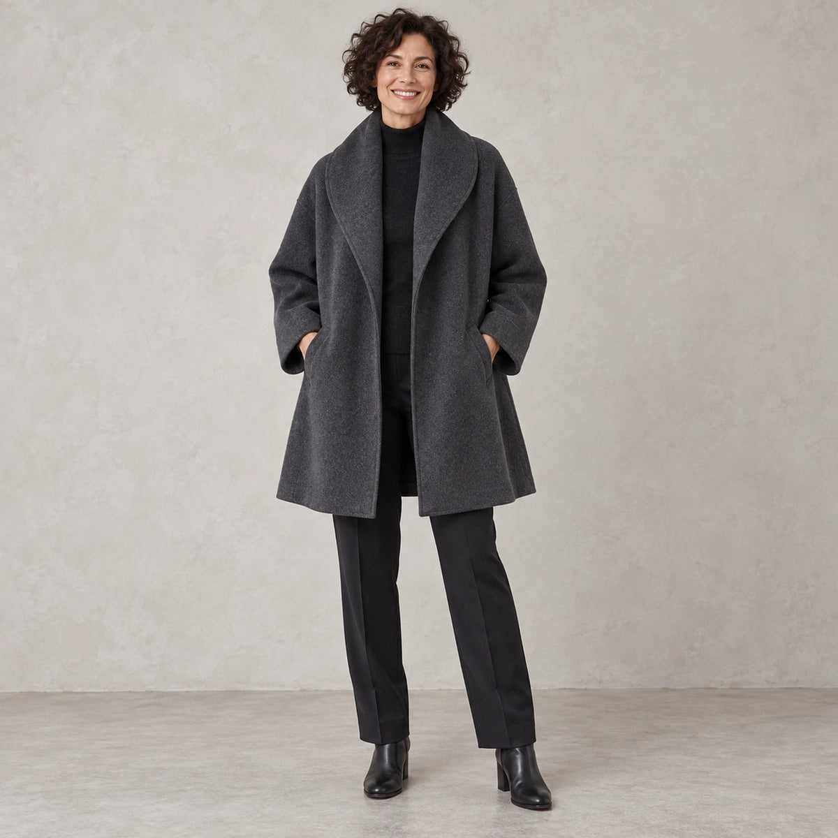 winter coat — Full front view; Charcoal; complete product worn by a happy adult model — view 5