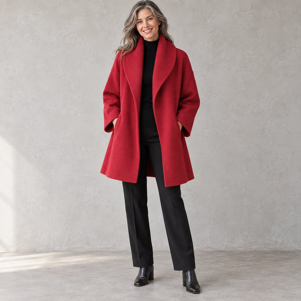 winter coat — Full front view; Red; complete product worn by a happy adult model — view 6