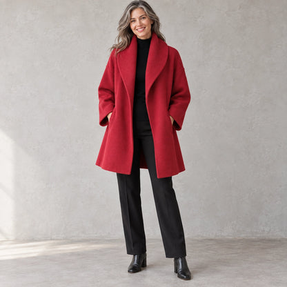 winter coat — Full front view; Red; complete product worn by a happy adult model — view 6