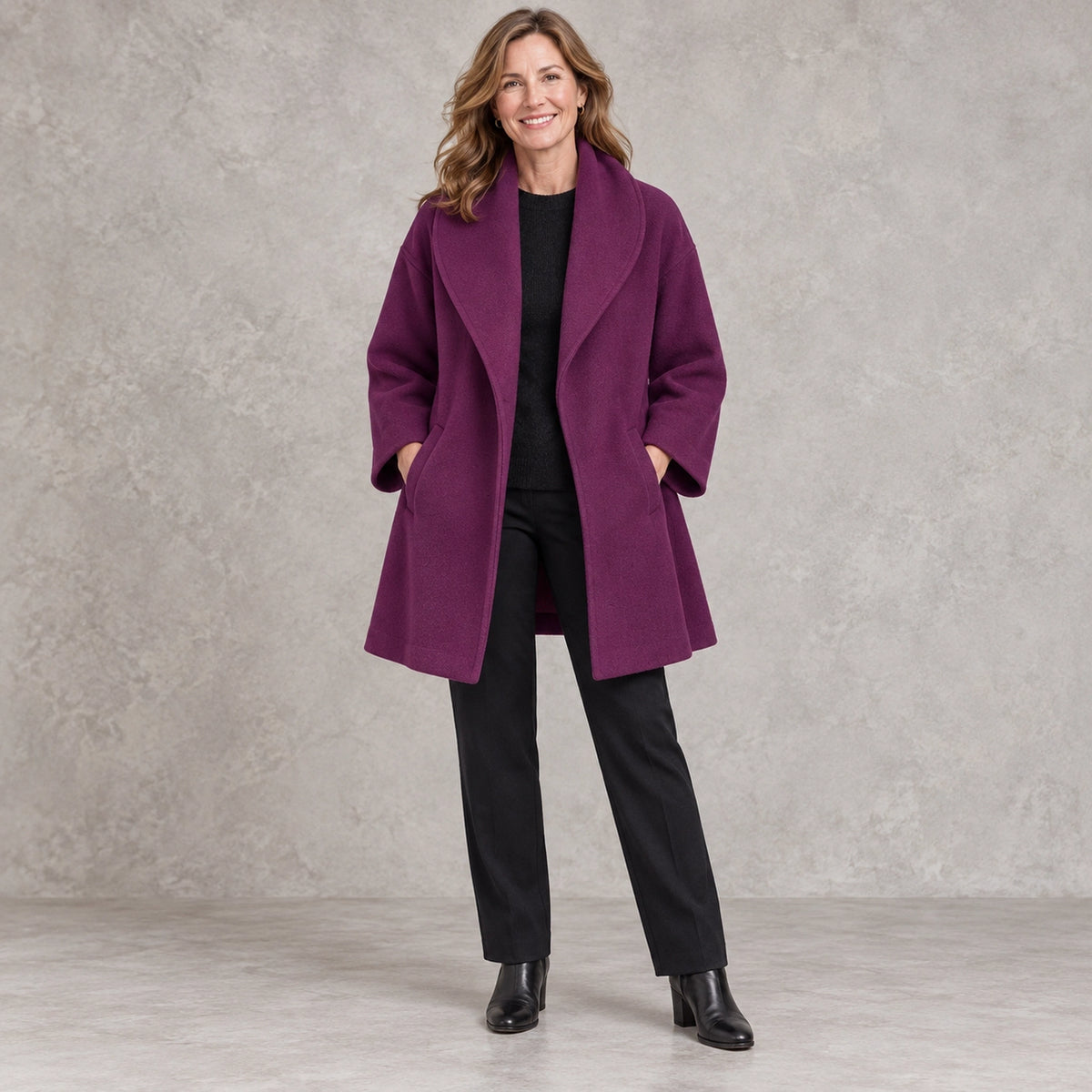 winter coat — Full front view; Purple; complete product worn by a happy adult model — view 7
