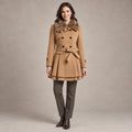 winter coat — Image; full front view; Camel; complete product worn by a happy adult model