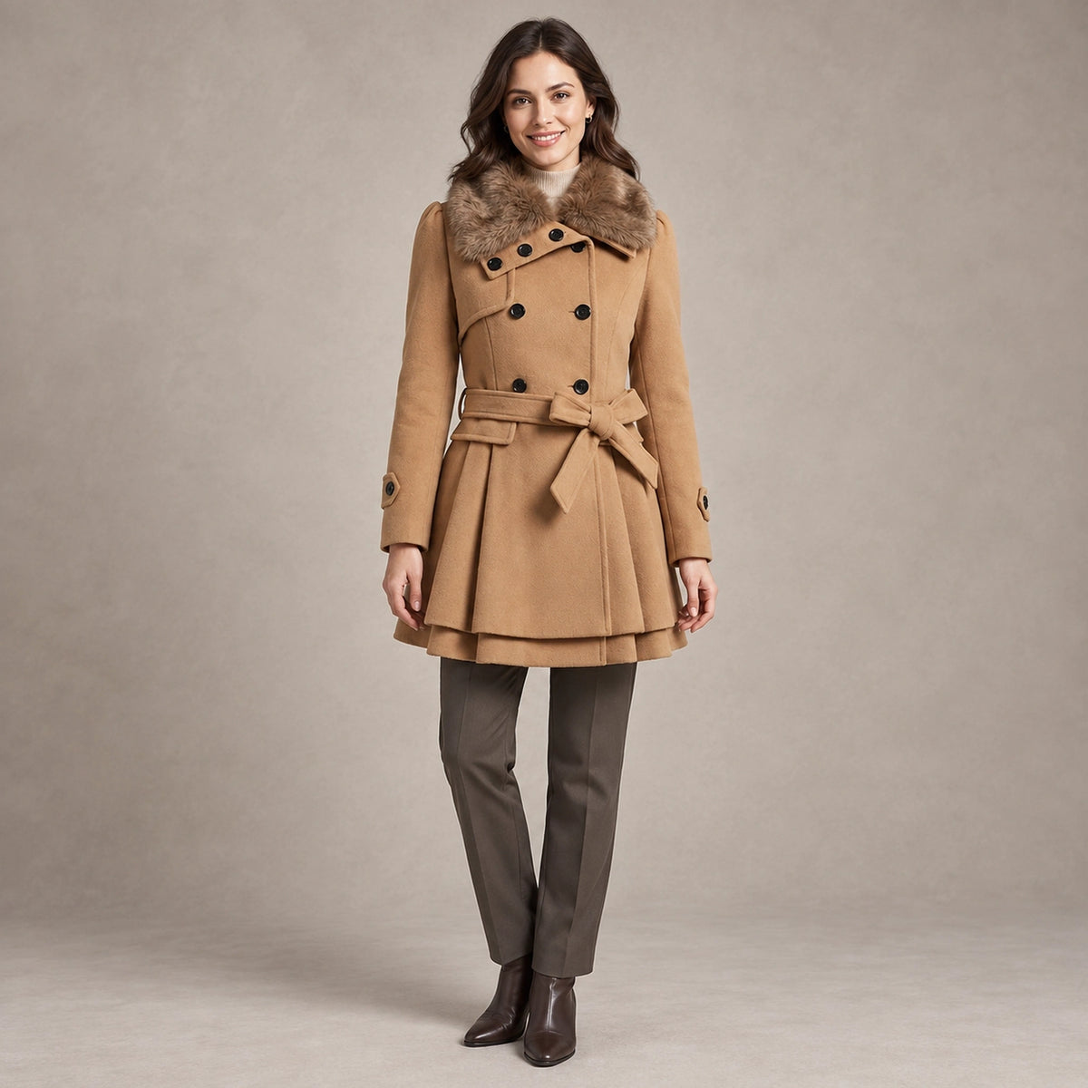 winter coat — Image; full front view; Camel; complete product worn by a happy adult model
