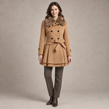 winter coat — Image; full front view; Camel; complete product worn by a happy adult model
