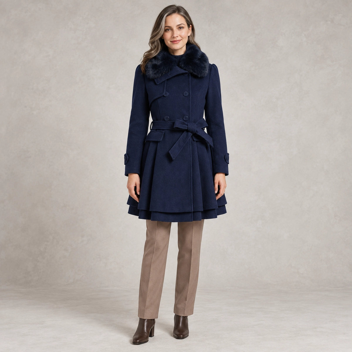 winter coat — Full front view; Navy Blue; complete product worn by a happy adult model — view 3
