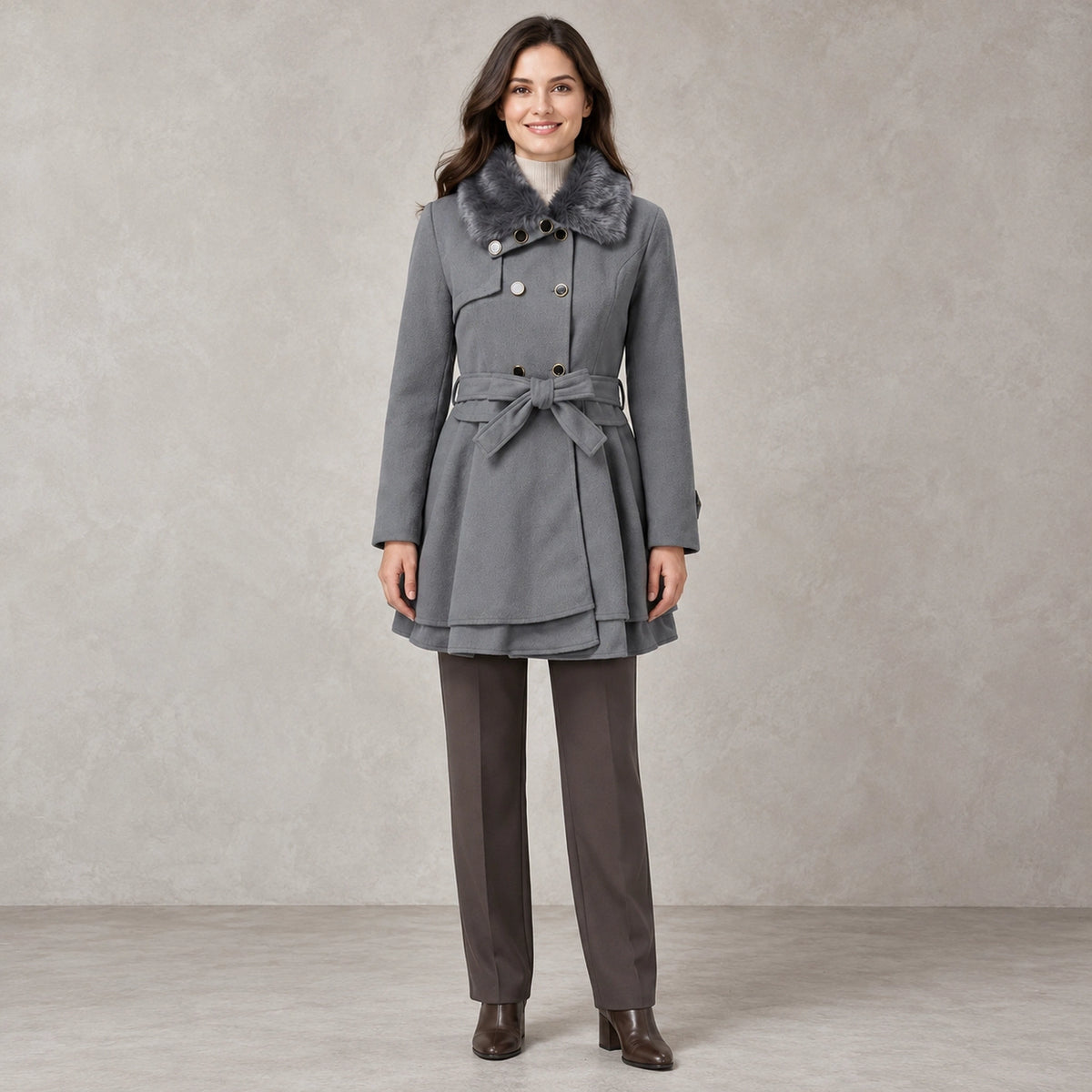 winter coat — Full front view; Gray; complete product worn by a happy adult model — view 5
