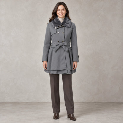 winter coat — Full front view; Gray; complete product worn by a happy adult model — view 5