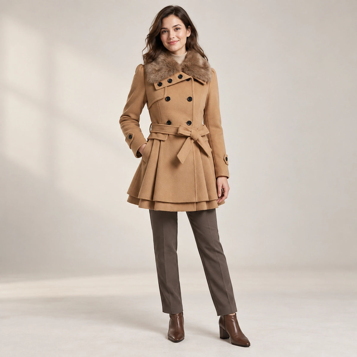 winter coat — Usa and Canada October–December alternate angle; Camel; complete product worn by a happy adult model — view 7