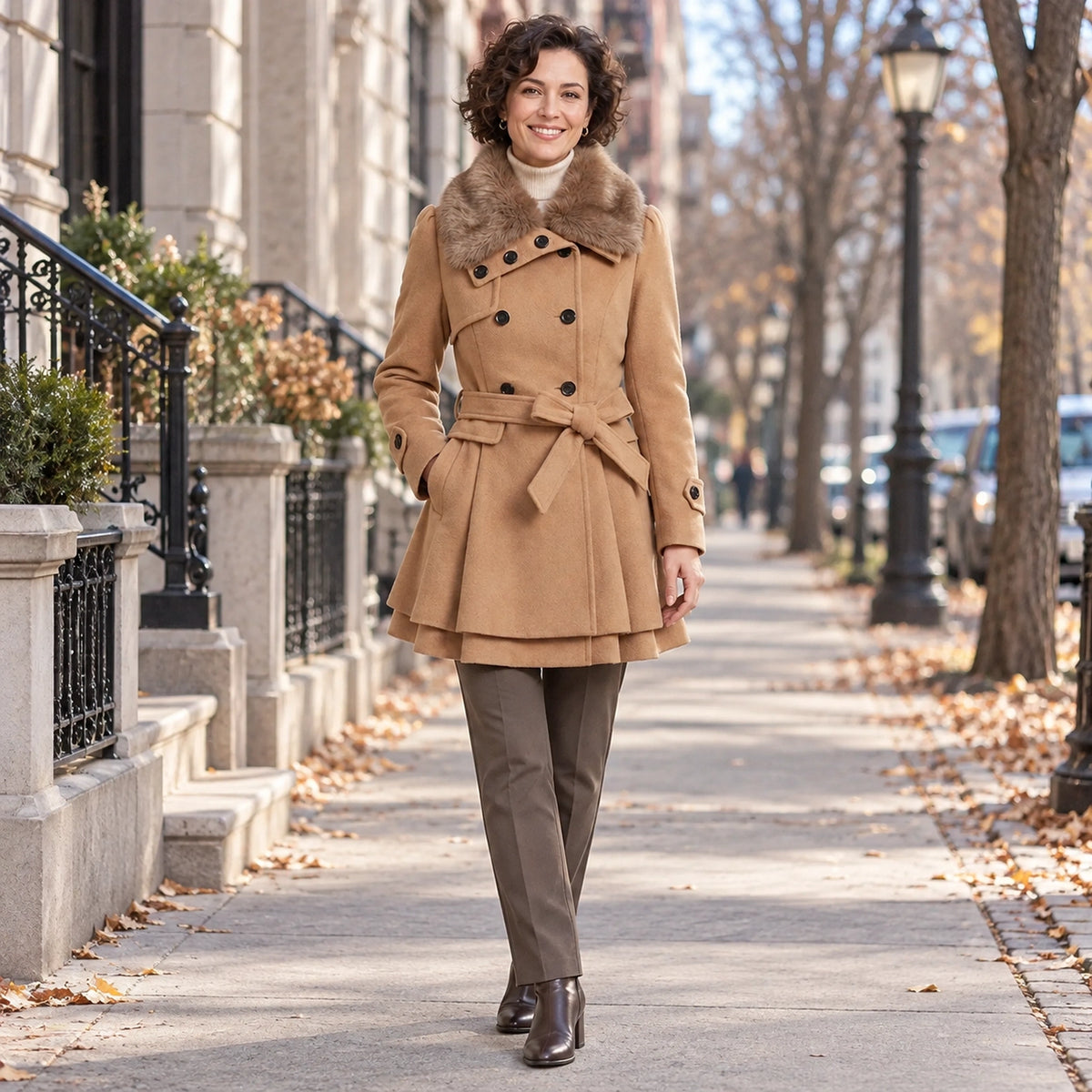 winter coat — Usa and Canada October–December 1; Camel; complete product worn by a happy adult model — view 8