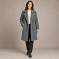 winter coat — Image; full front view; Slate Gray; complete product worn by a happy adult model