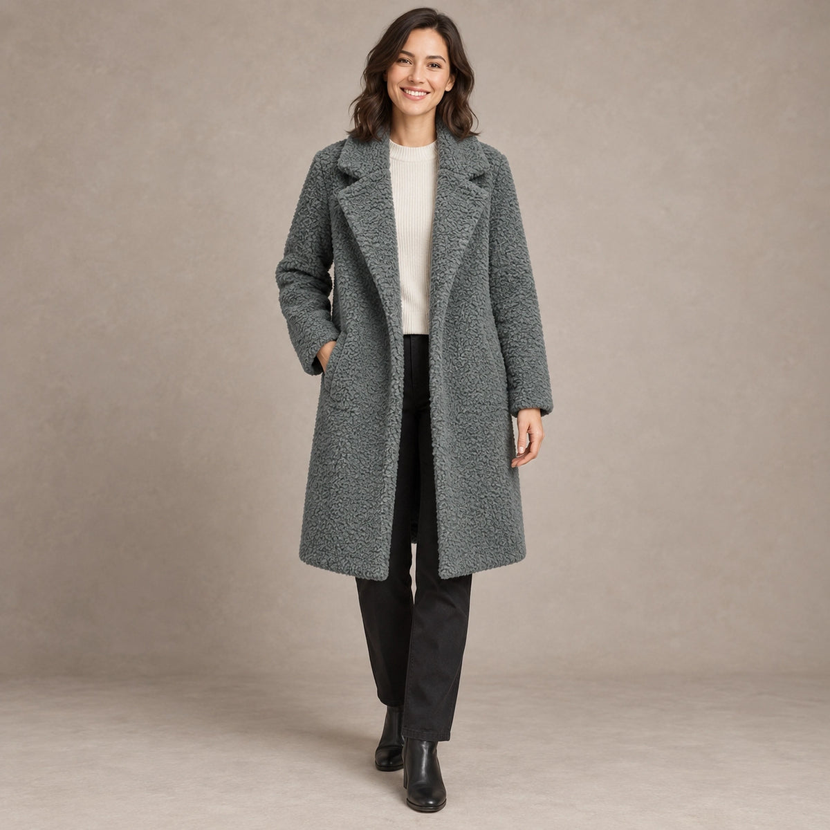 winter coat — Image; full front view; Slate Gray; complete product worn by a happy adult model