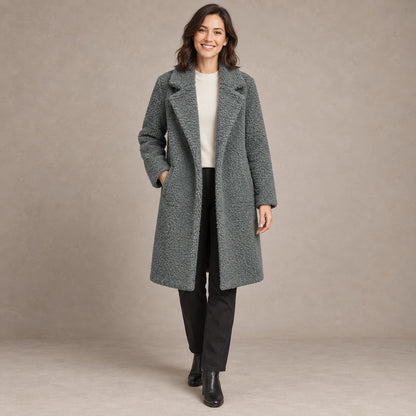 winter coat — Image; full front view; Slate Gray; complete product worn by a happy adult model