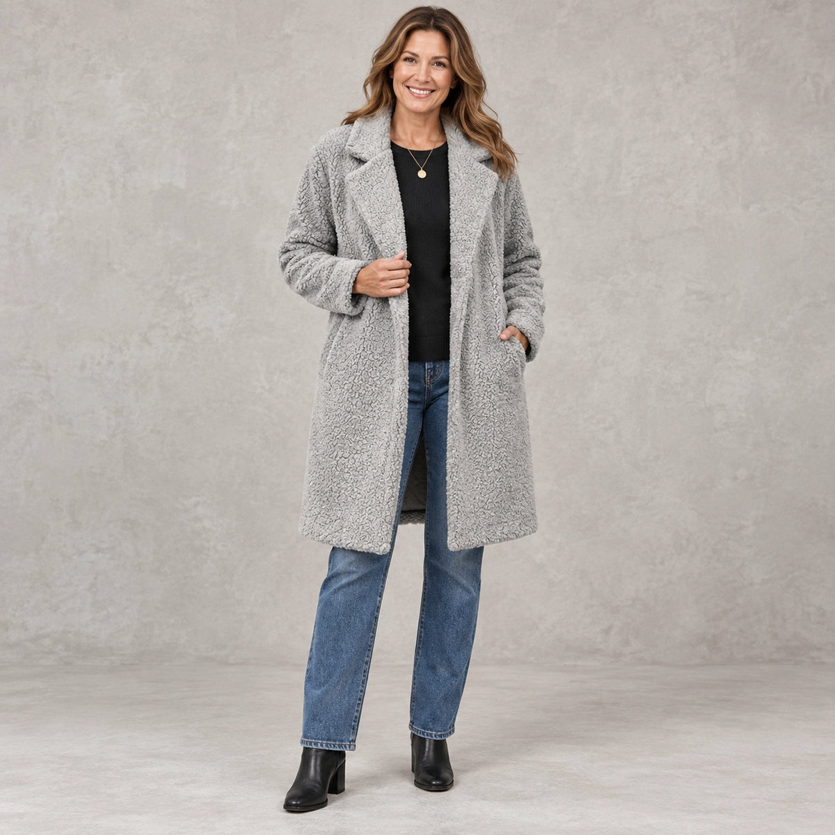 winter coat — Full front view; Light Gray; complete product worn by a happy adult model — view 10