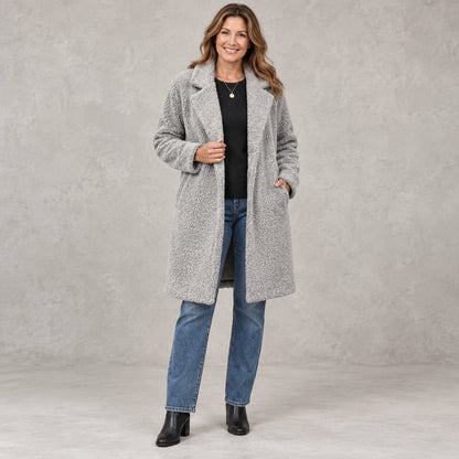 winter coat — Full front view; Light Gray; complete product worn by a happy adult model — view 10