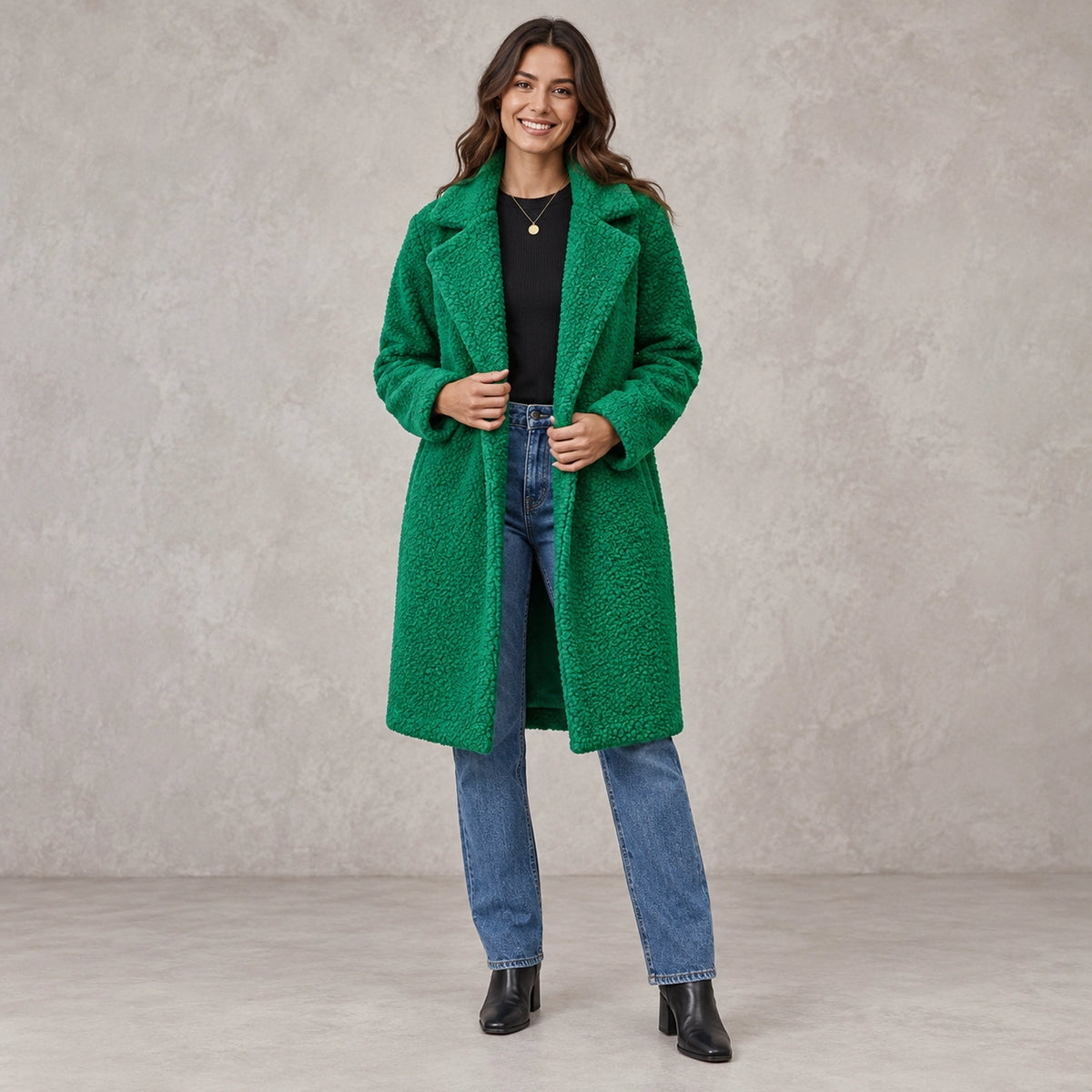 winter coat — Full front view; Green; complete product worn by a happy adult model — view 11