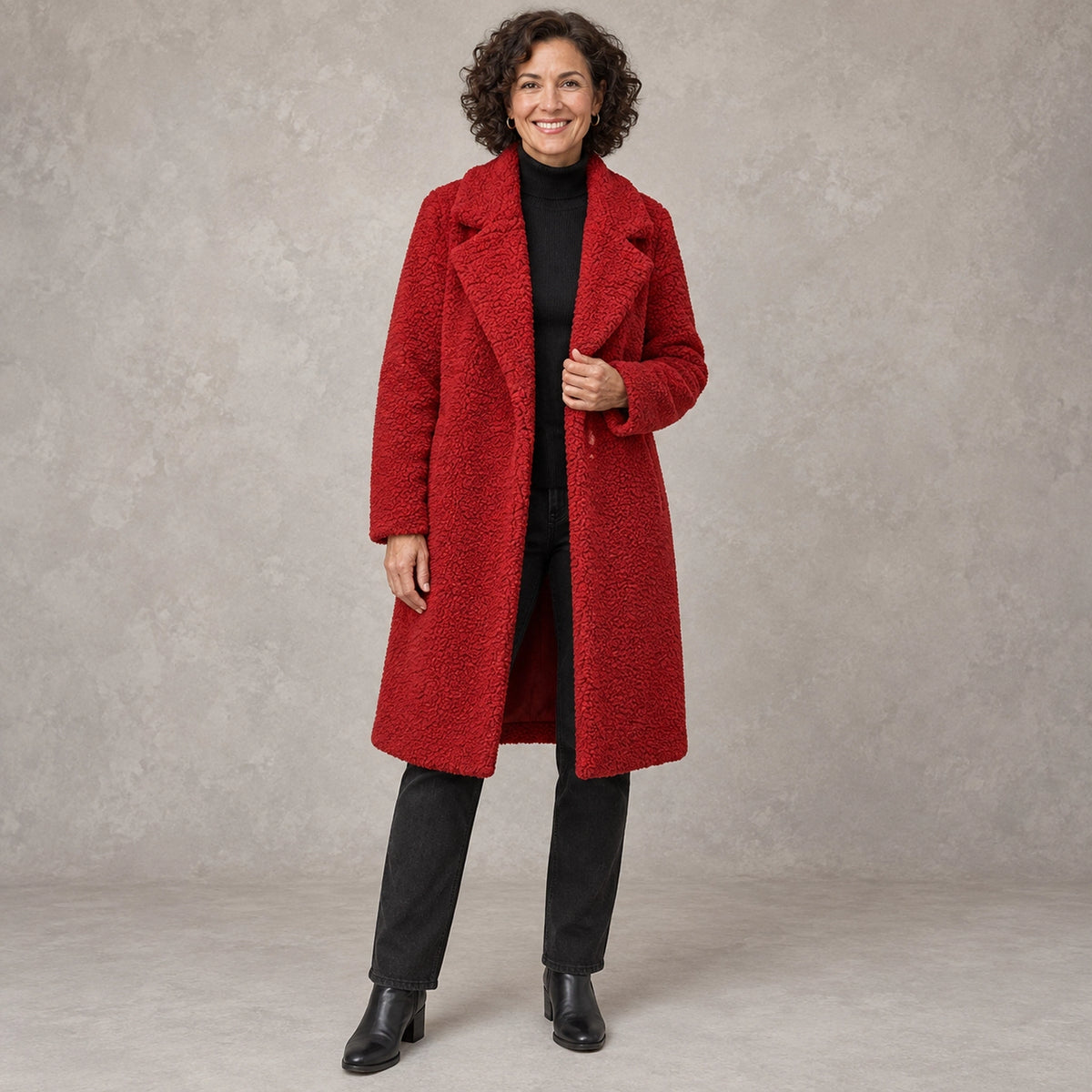 winter coat — Full front view; Red; complete product worn by a happy adult model — view 2