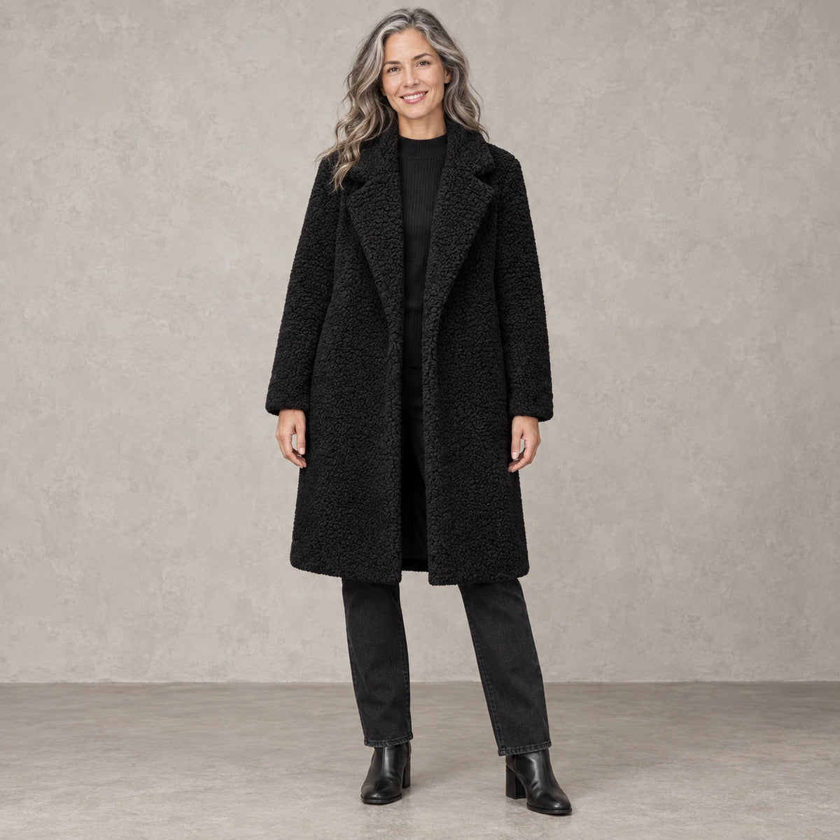 winter coat — Full front view; Black; complete product worn by a happy adult model — view 3
