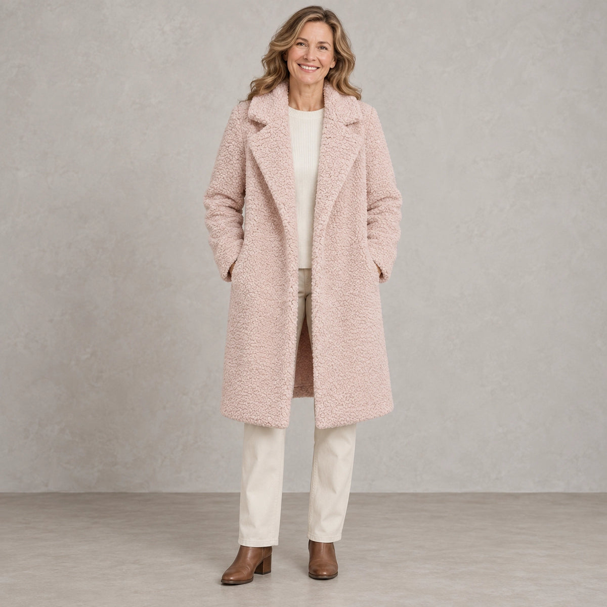 winter coat — Full front view; Pale Pink; complete product worn by a happy adult model — view 4