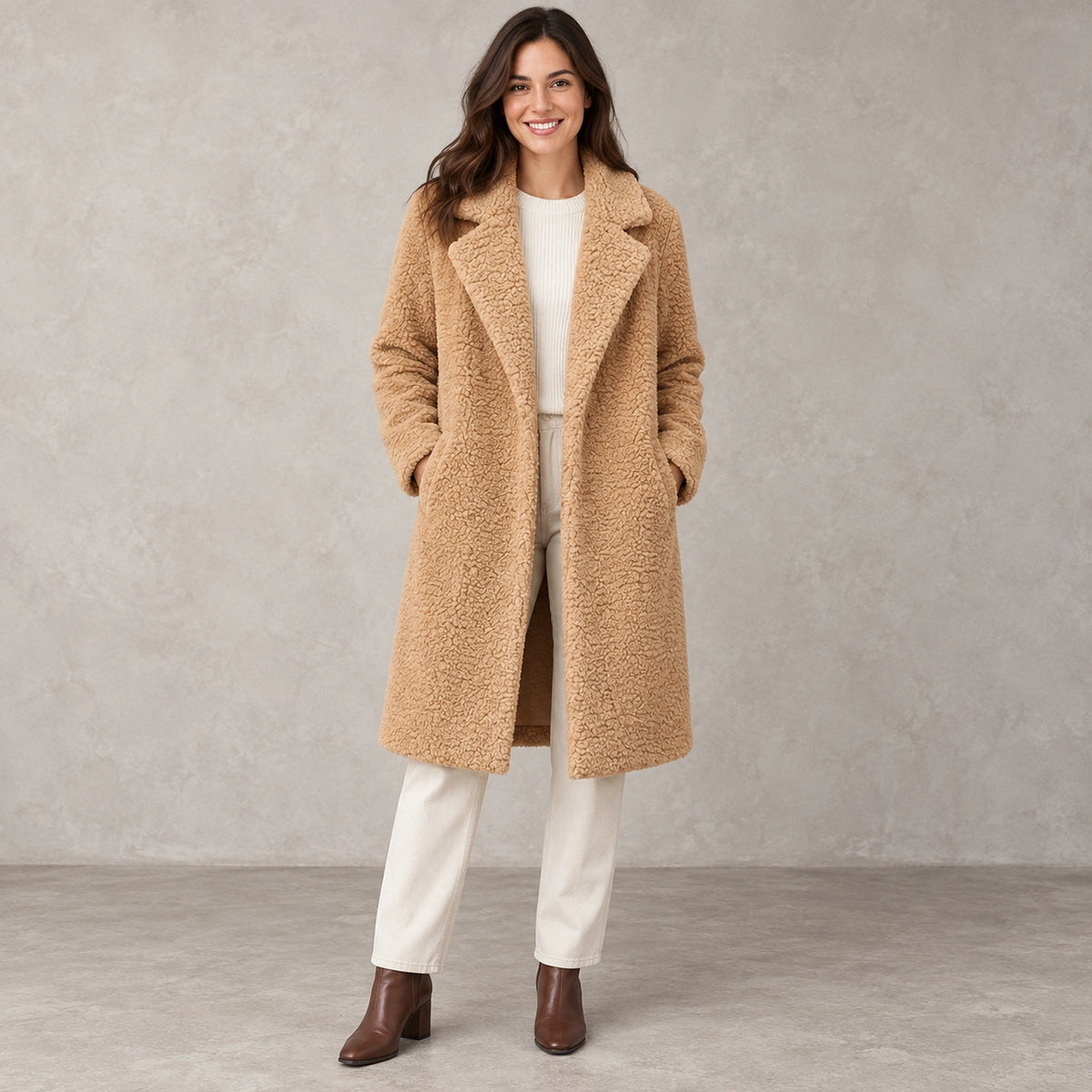 winter coat — Full front view; Camel; complete product worn by a happy adult model — view 5