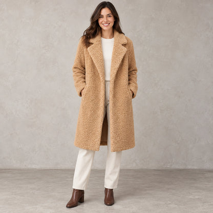 winter coat — Full front view; Camel; complete product worn by a happy adult model — view 5