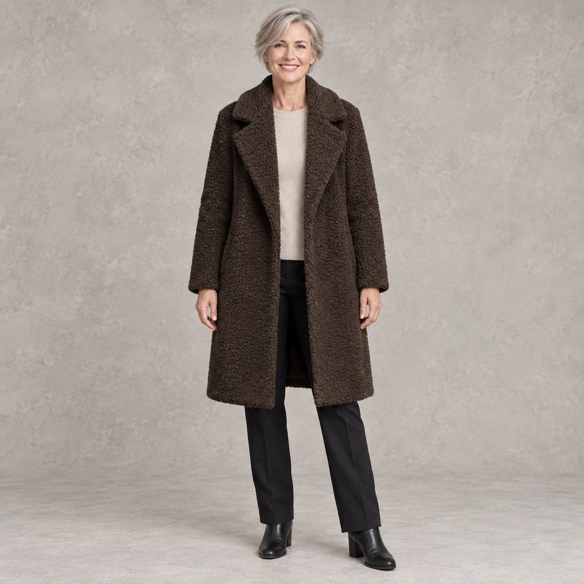 winter coat — Full front view; Dark Brown; complete product worn by a happy adult model — view 6