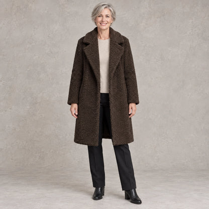 winter coat — Full front view; Dark Brown; complete product worn by a happy adult model — view 6