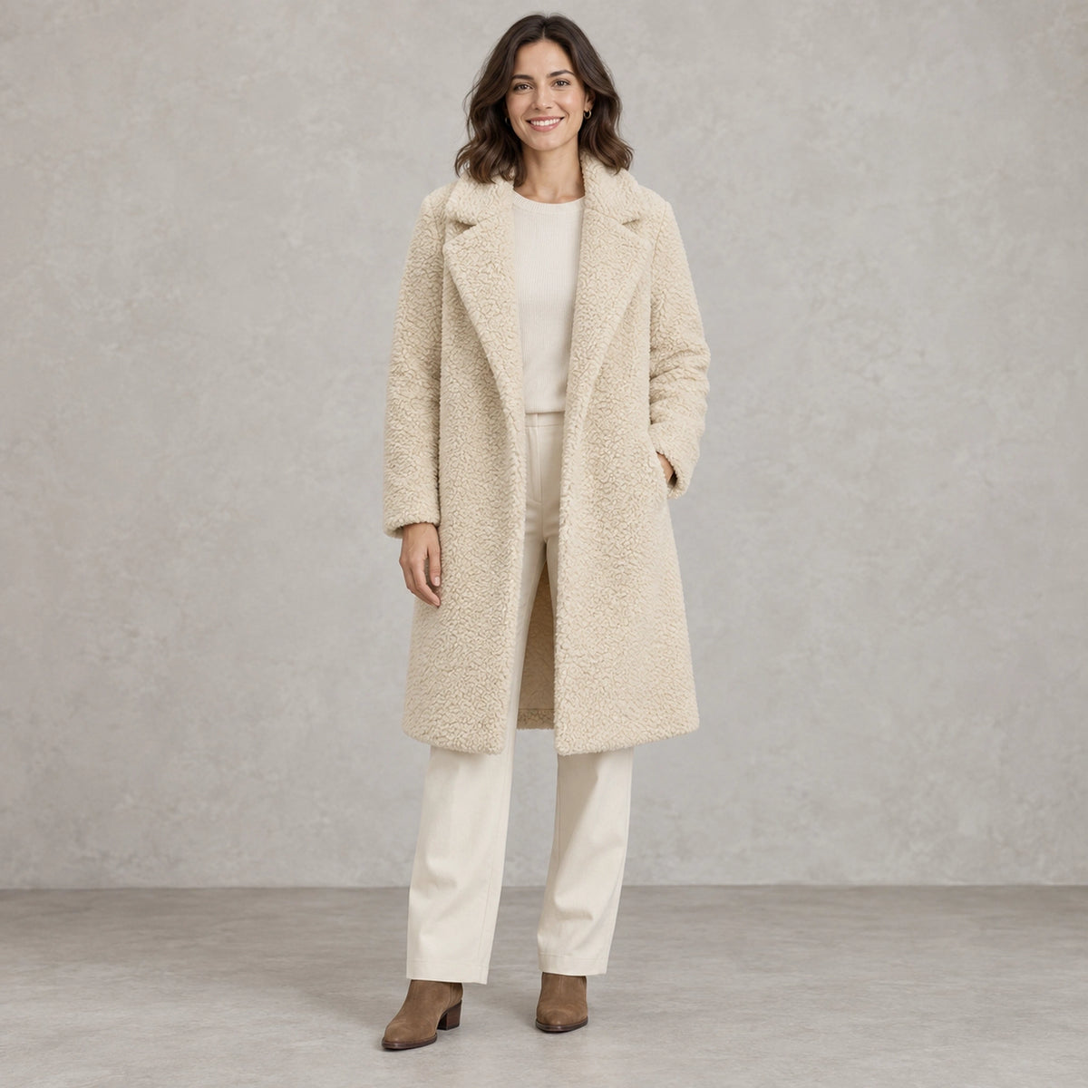 winter coat — Full front view; Cream; complete product worn by a happy adult model — view 7