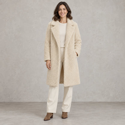 winter coat — Full front view; Cream; complete product worn by a happy adult model — view 7