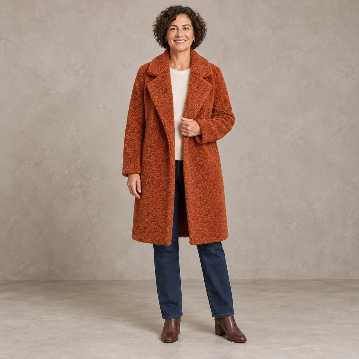 winter coat — Full front view; Rust; complete product worn by a happy adult model — view 8