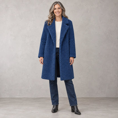 winter coat — Full front view; Navy Blue; complete product worn by a happy adult model — view 9