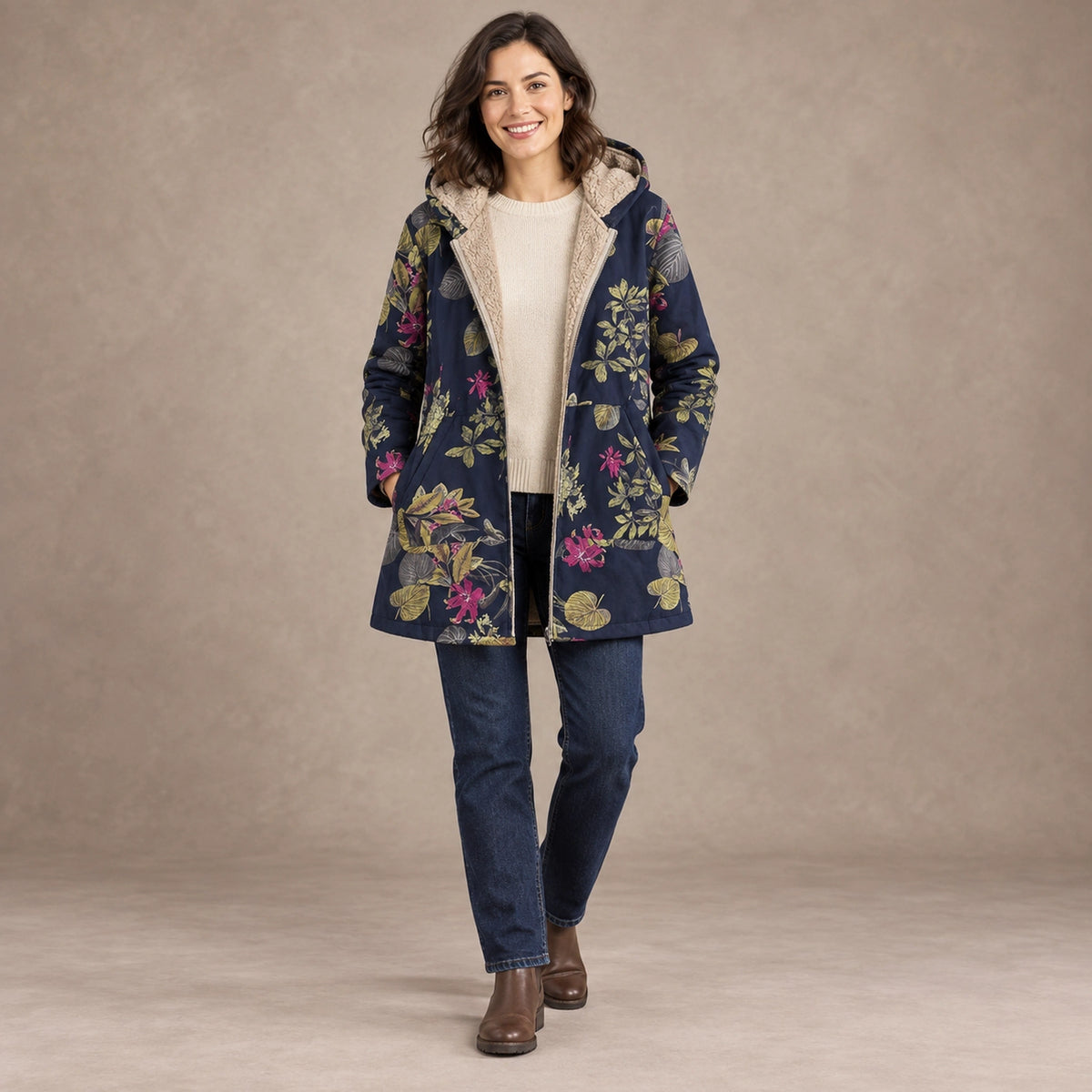winter coat — Image; full front view; Navy Floral; complete product worn by a happy adult model