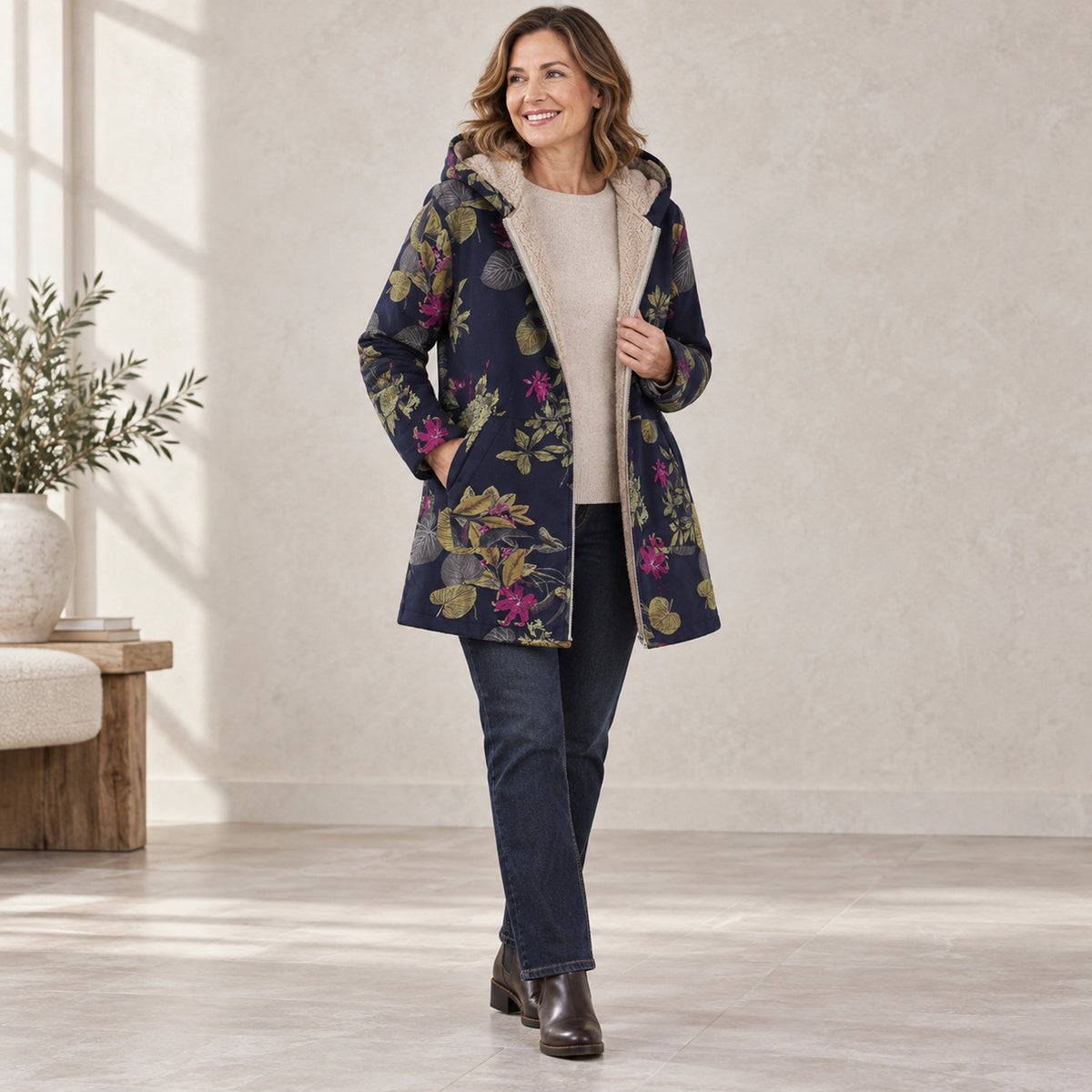 winter coat — Usa and Canada October–December three quarter view; Navy Floral; complete product worn by a happy — view 10