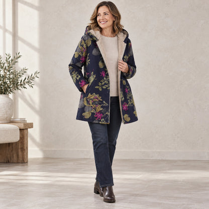winter coat — Usa and Canada October–December three quarter view; Navy Floral; complete product worn by a happy — view 10