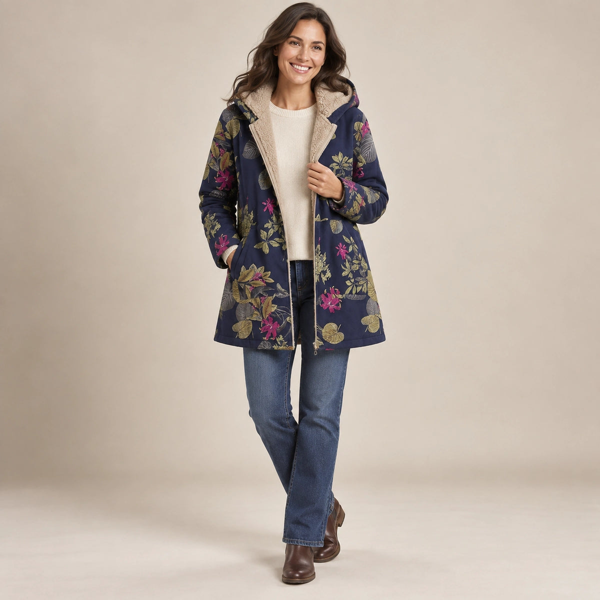winter coat — Usa and Canada October–December alternate angle; Navy Floral; complete product worn by a happy adult — view 11