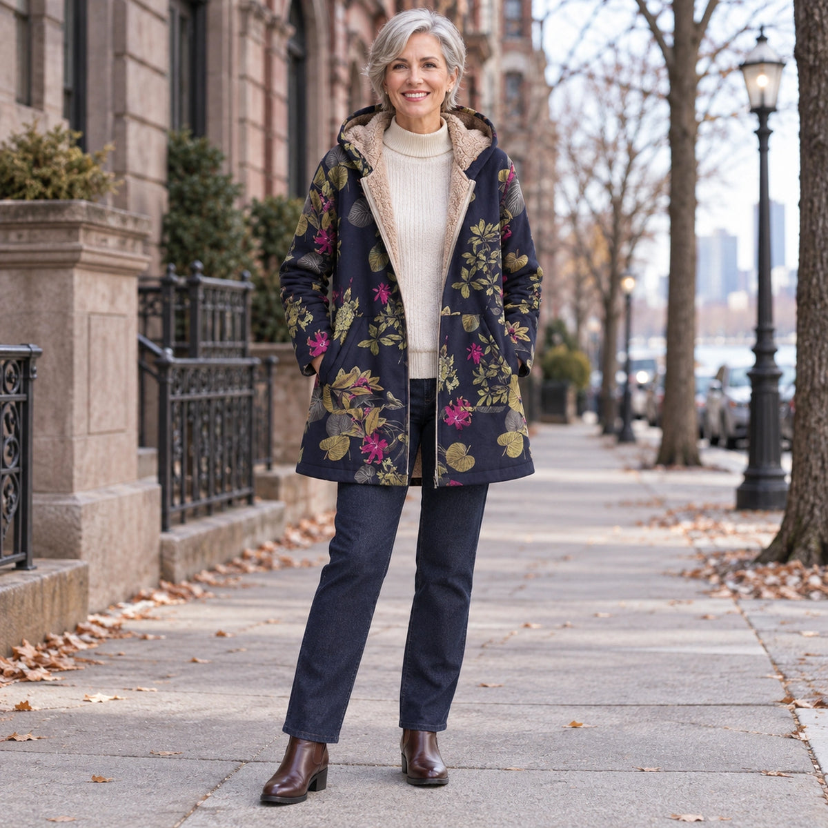 winter coat — Usa and Canada October–December 1; Navy Floral; complete product worn by a happy adult model — view 12